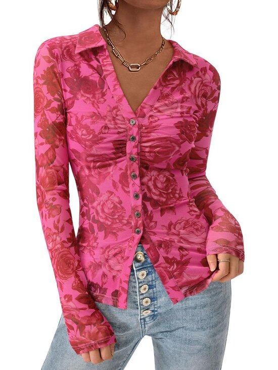 Tops - 👑 Women's Pink Red Floral Long Sleeve V Neck Mesh Boho Button Front Shirt Top